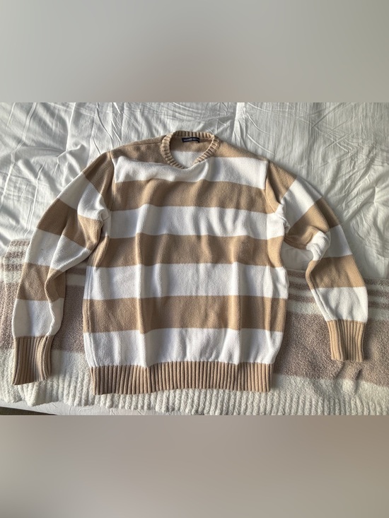 Brandy Melville Sweaters - Brandy Melville Beige and White Striped Crewneck Sweater